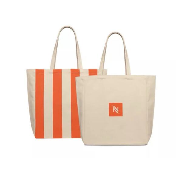 Nespresso Tote Bag Summer Edition Mandarin Orange Cotton Striped New Pool Beach - Picture 1 of 7